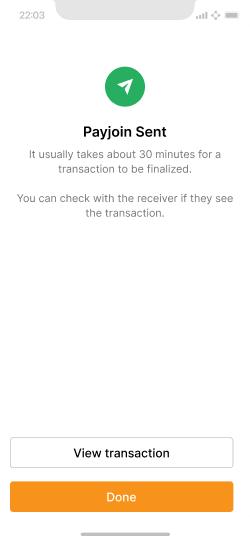 A payment success screen informs the user that the Payjoin transaction has been broadcast.