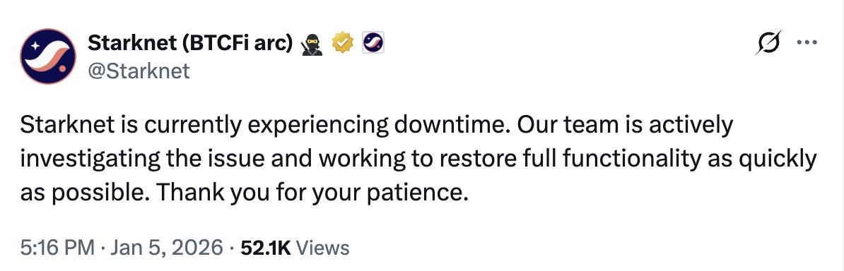 自 Grinta 2 上线以来,Starknet 遭遇了第二次重大故障。 Screenshot at Jan 05 22 54 29