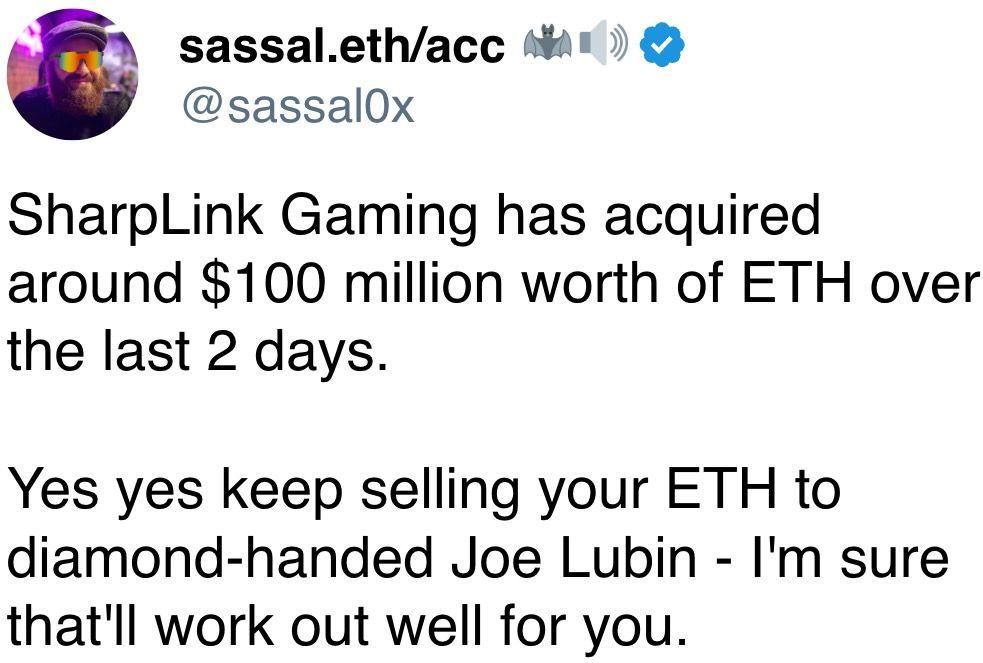 SharpLink Gaming has acquired around $100 million worth of ETH over the last 2 days. SharpLink Gaming has acquired around $100 million worth of ETH over the last 2 days.