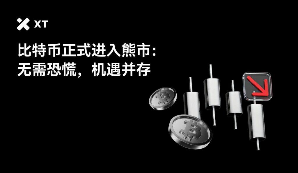 一组比特币图标和蜡烛图图形,背景为黑色,旁边有箭头指向下方,包含"比特币正式进入熊市:无需恐慌,机遇并存"的文字。