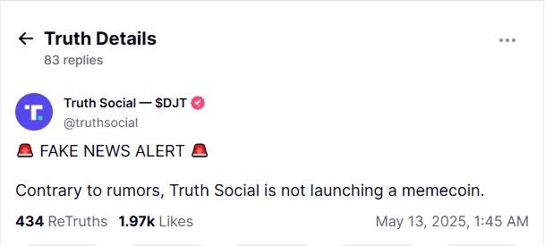 Truth Social denies meme coin rumors