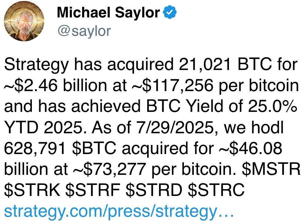 Strategy has acquired 21,021 BTC for ~$2.46 billion at ~$117,256 per bitcoin Strategy has acquired 21,021 BTC for ~$2.46 billion at ~$117,256 per bitcoin
