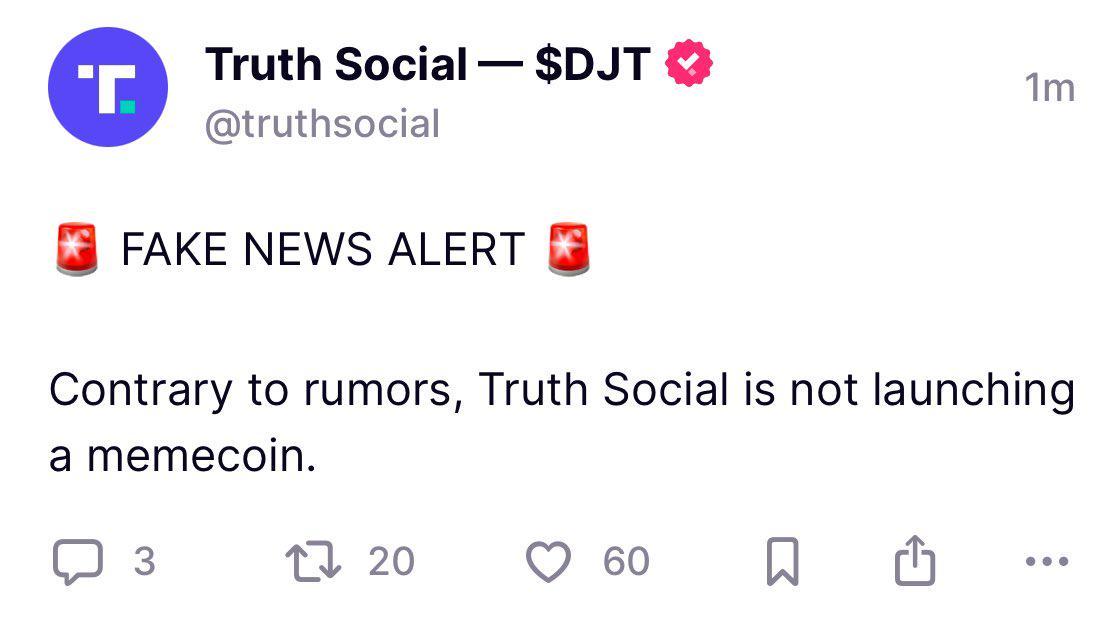 Truth Social denies rumors about launching a new meme coin