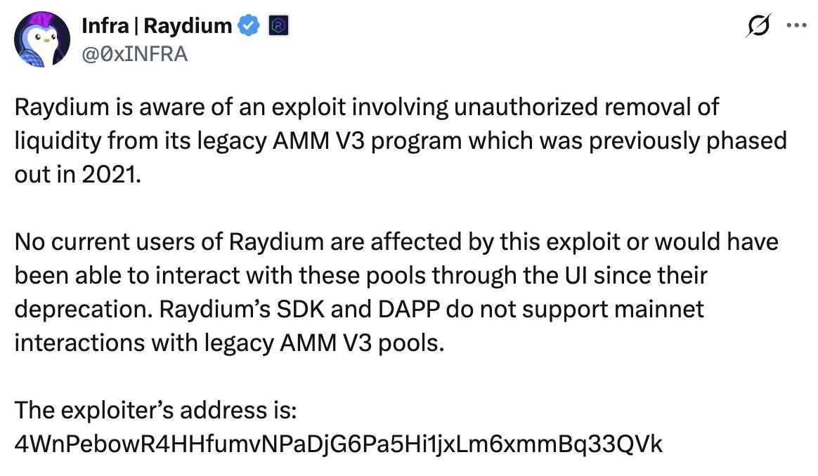Raydium은 기존 AMM 시스템 해킹으로 발생한 손실에 대해 134만 달러를 보상하겠다고 약속했습니다. Screenshot at Jun 11 10 19 12