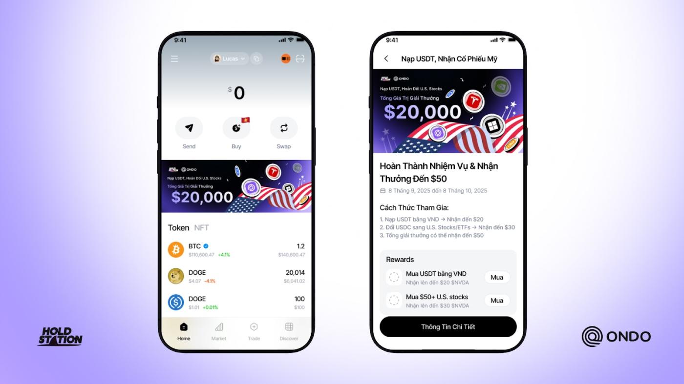 Holdstation x Ondo: Chương trình khuyến mãi giao dịch Cổ phiếu và ETFs mã hóa phần thưởng $20.000 USD