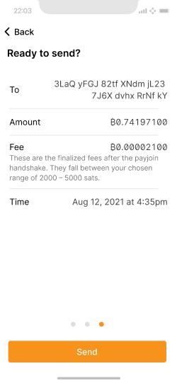 A pre-sending review screen showing the finalized fee after the payjoin handshake is completed.