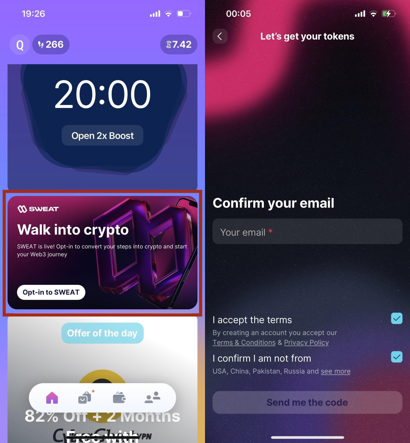 Link Sweatcoin app with email address