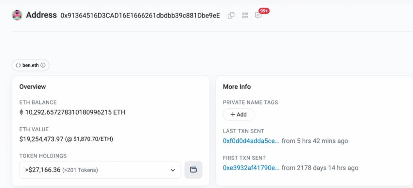 A screenshot from Etherscan showing the balance of ben.eth.