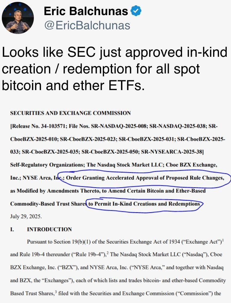 Looks like SEC just approved in-kind creation / redemption for all spot bitcoin and ether ETFs. Looks like SEC just approved in-kind creation / redemption for all spot bitcoin and ether ETFs.