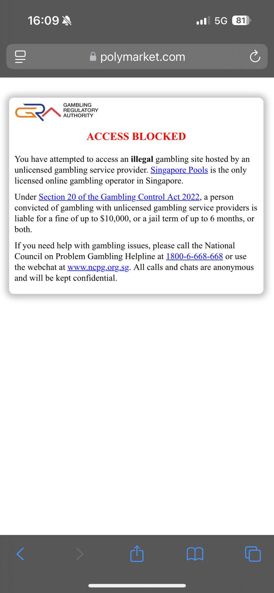 Polymarket is defined as an illegal gambling website and blocked in Singapore