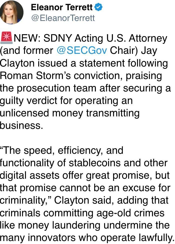 SDNY Acting U.S. Attorney (and former  @SECGov  Chair) Jay Clayton issued a statement following Roman Storm’s conviction