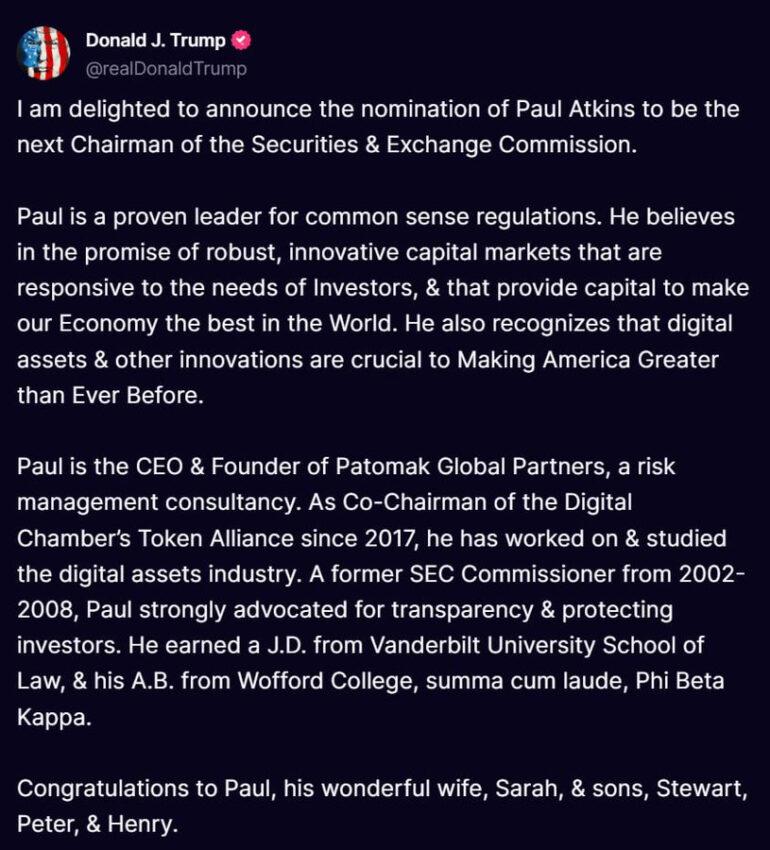 保罗·阿特金斯，由唐纳德·特朗普提名：X