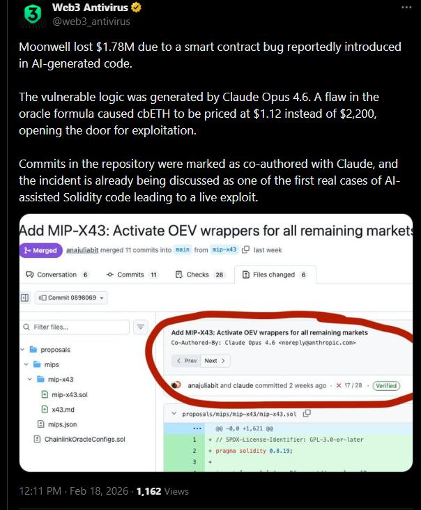 문웰, AI 생성 코드와 관련된 스마트 계약 버그로 178만 달러 손실