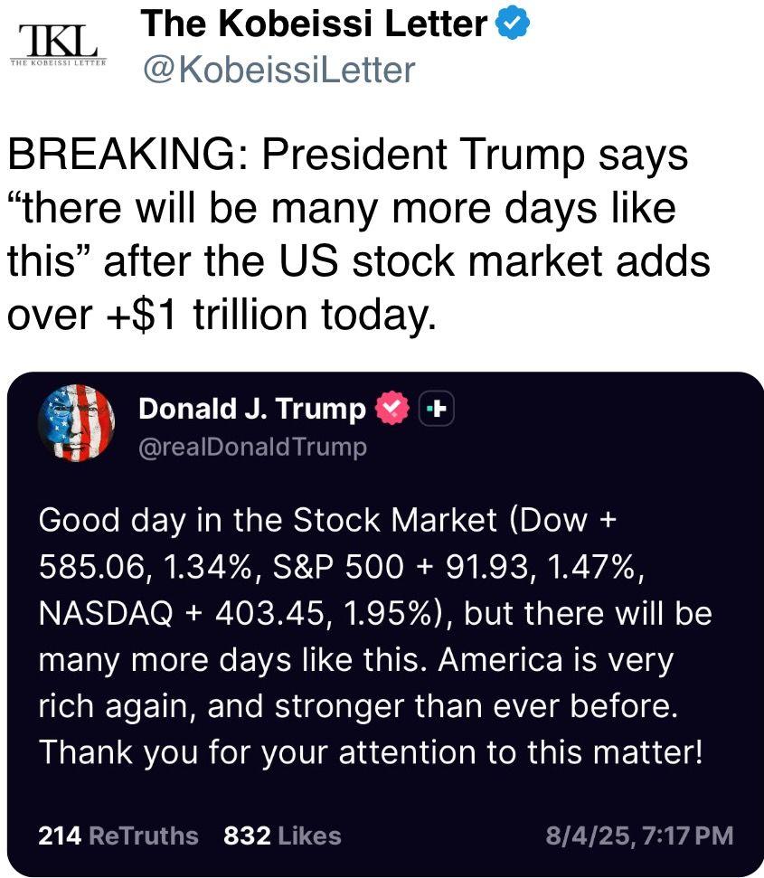 President Trump says “there will be many more days like this” after the US stock market adds over +$1 trillion today. President Trump says “there will be many more days like this” after the US stock market adds over +$1 trillion today.