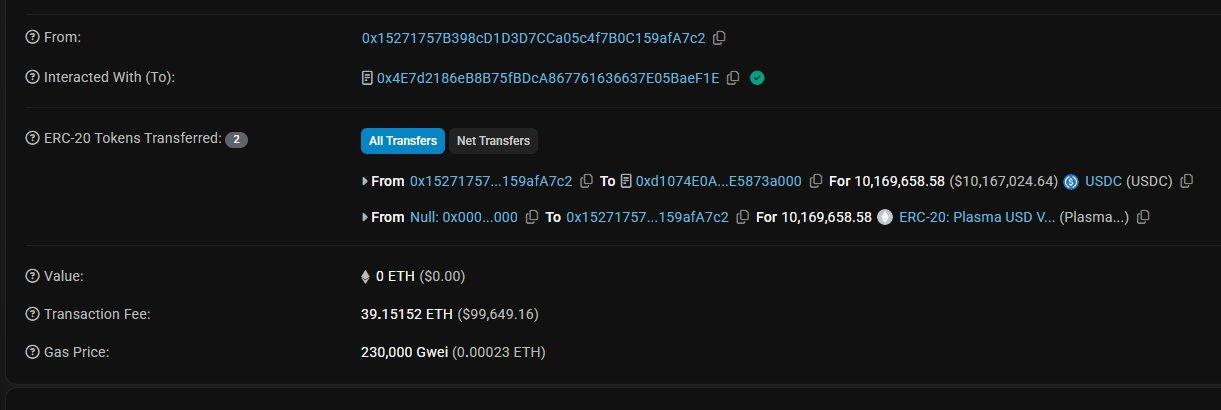 User pays 39 ETH for $10 million USDC allocation on Plasma ICO