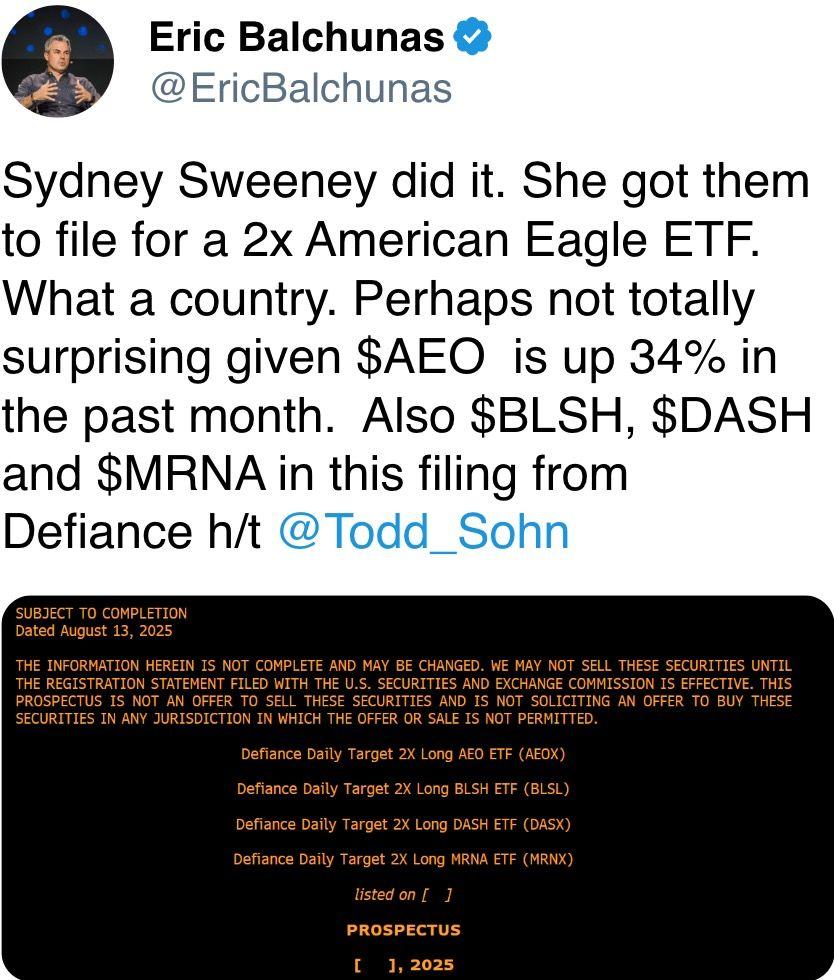 What a country. Perhaps not totally surprising given $AEO  is up 34% in the past month.  Also $BLSH, $DASH and $MRNA in this filing from Defiance h/t  @Todd_Sohn