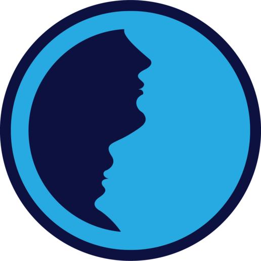 Alethea logo showing a blue circular logo with dark blue silhouettes of two human profiles, one larger and one smaller, facing right within the circle.