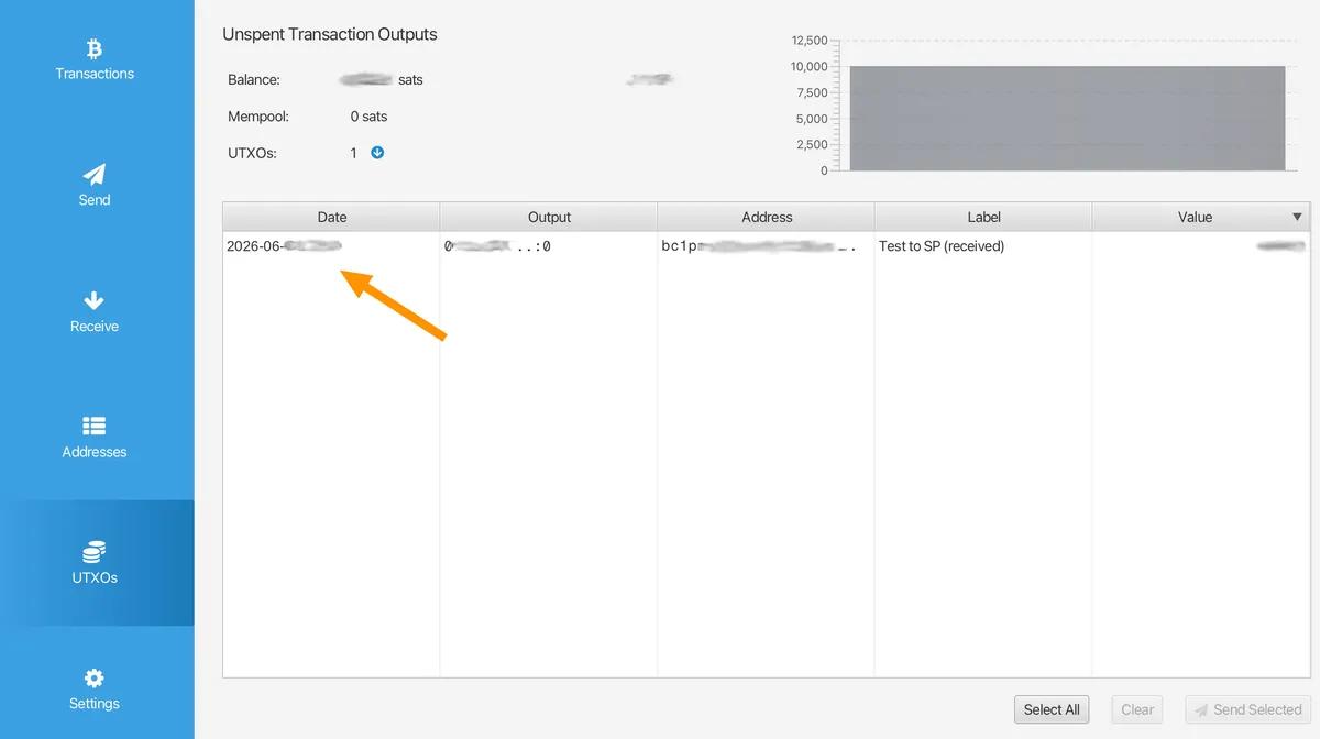 The UTXOs tab for a Silent Payments bitcoin wallet in Sparrow.
