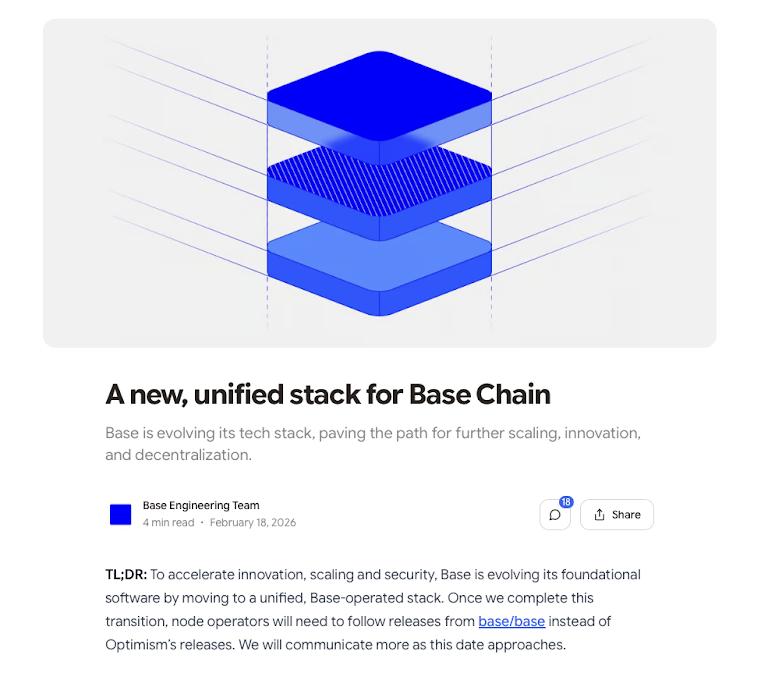 Base announces a transition toward a unified, Base-operated stack, prompting a sharp OP token repricing as markets reassess Superchain alignment risk.