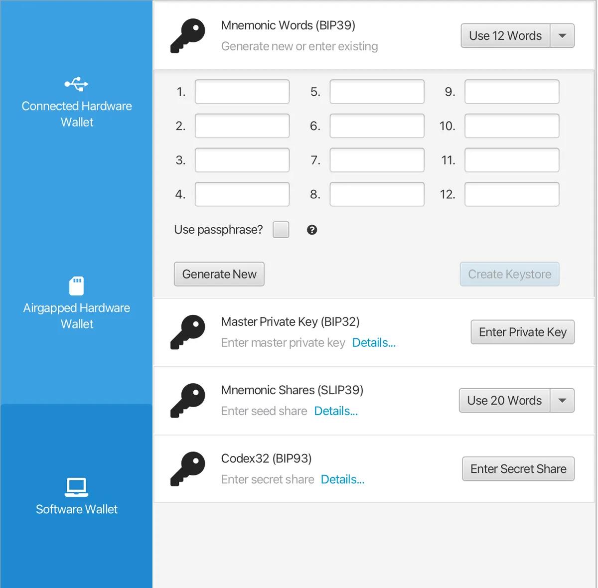 Setting up the keystore for a new wallet in Sparrow.