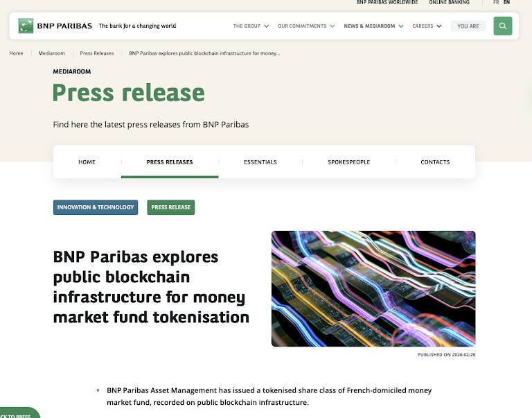 BNP Paribas Asset Management tokenizes a money market fund share class on the public Ethereum network under a permissioned institutional framework.