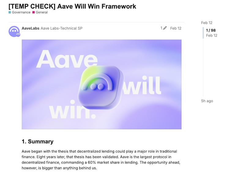 Aave publishes its “Aave Will Win” framework proposal to route 100% of branded product revenue to the DAO treasury, triggering governance debate over value capture and control.