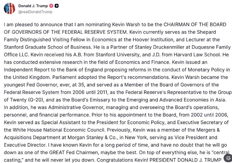 Donald Trump announces Kevin Warsh as his Federal Reserve chair nominee, giving markets a clear macro headline to justify renewed risk-off positioning.