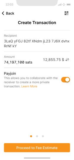 A create transaction screen displaying an address, amount, a payjoin toggle enabled by default with a Proceed to Fee Estimate button.