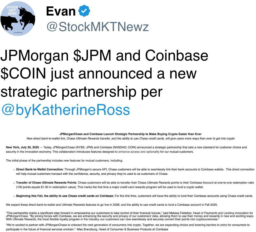 JPMorgan $JPM and Coinbase $COIN just announced a new strategic partnership JPMorgan $JPM and Coinbase $COIN just announced a new strategic partnership