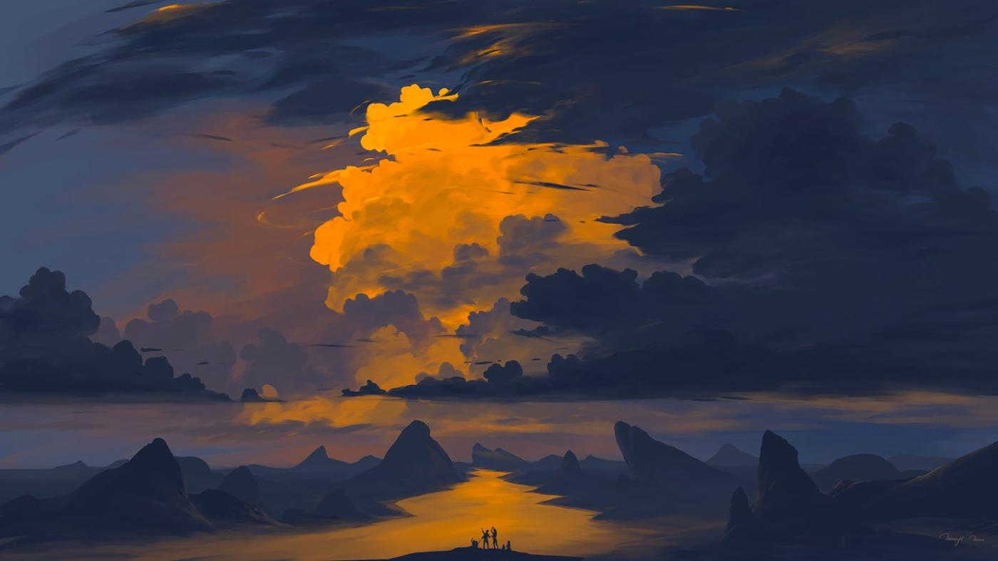 General 3840x2160 BisBiswas digital art artwork illustration landscape clouds sunset sky mountains river group of people nature signature 4K