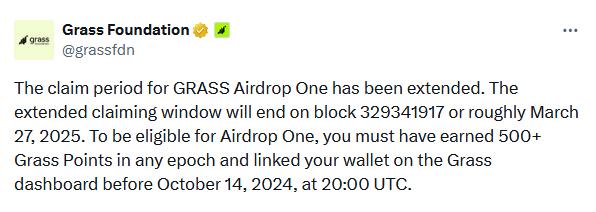 Grass Foundation: GRASS Airdrop One application period extended, expected to end on March 27