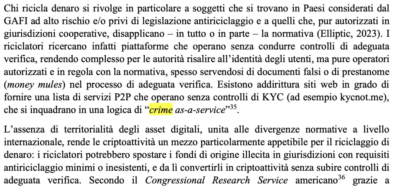 The Italian bank's paper classifies non-KYC P2P services as 'Crime-as-a-Service'