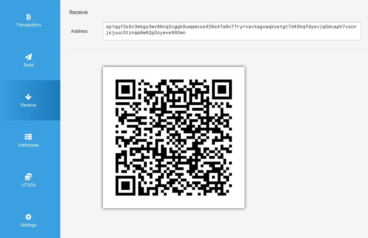 The static sp1 silent payment address shown in Sparrow's Receive tab.