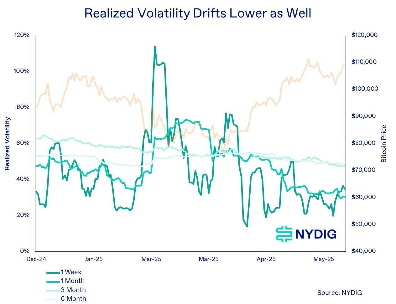 Bitcoin's realized volatility is also declining. (NYDIG Research)