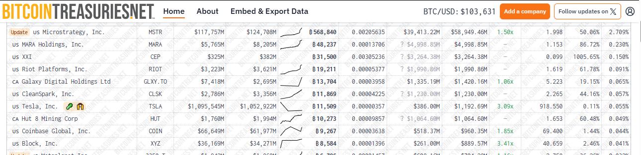Corporate Bitcoin holders by portfolio size