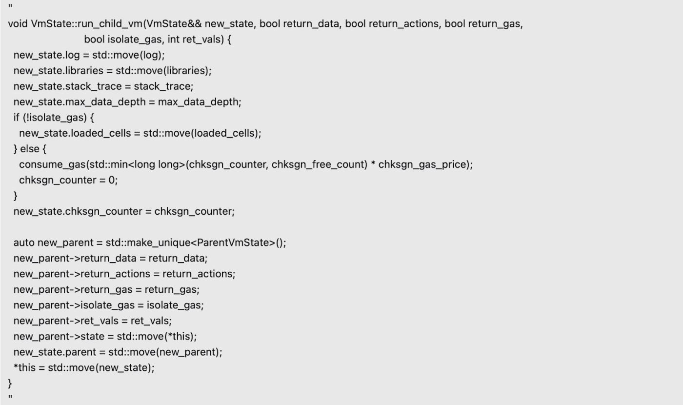 New vulnerability in the code of the ‘RUNVM’ instruction. It allows the caller’s state to be polluted. The relevant code snippet is as follows- 1
