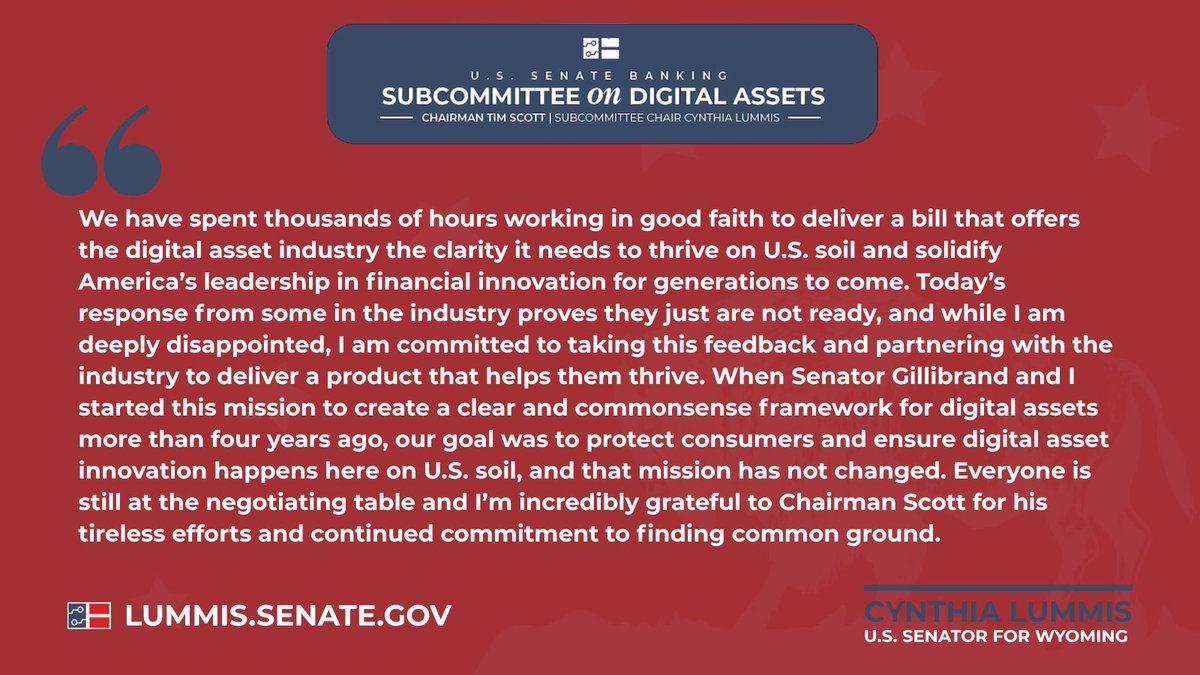 신시아 럼미스 상원의원의 CLARITY 법안 협상 관련 성명