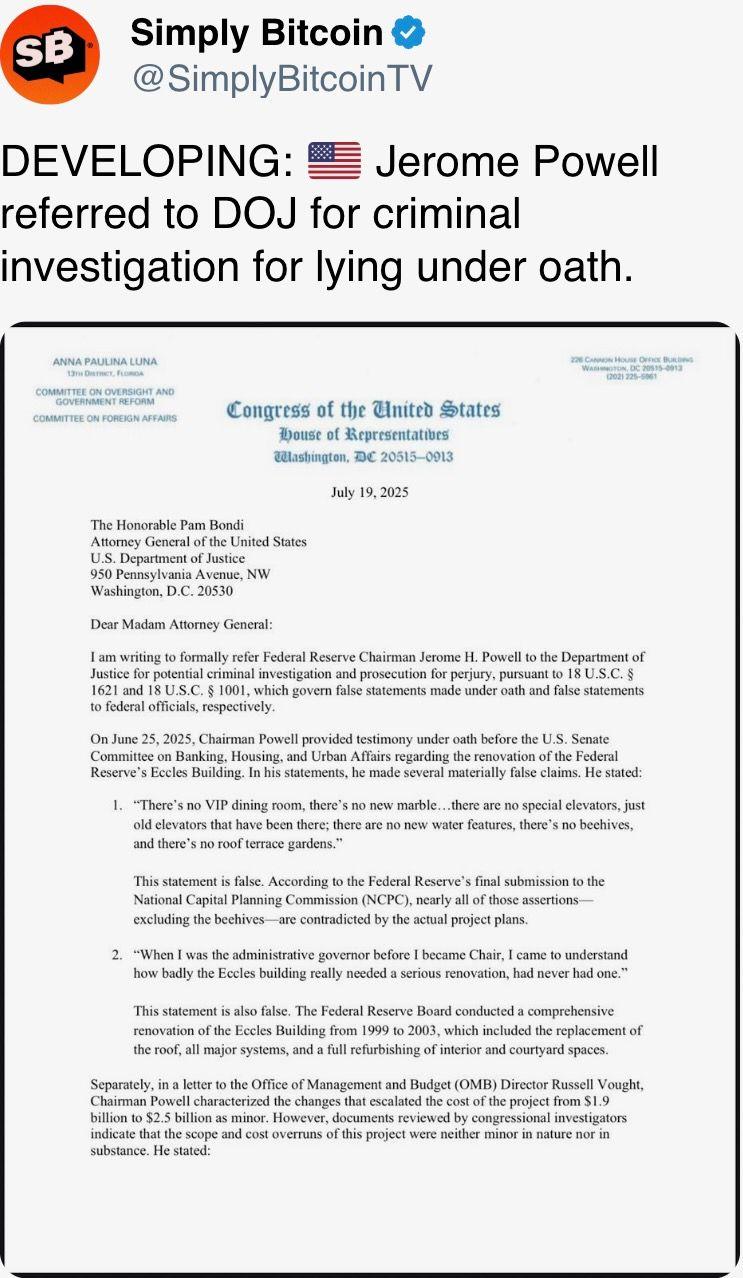 Jerome Powell referred to DOJ for criminal investigation for lying under oath.