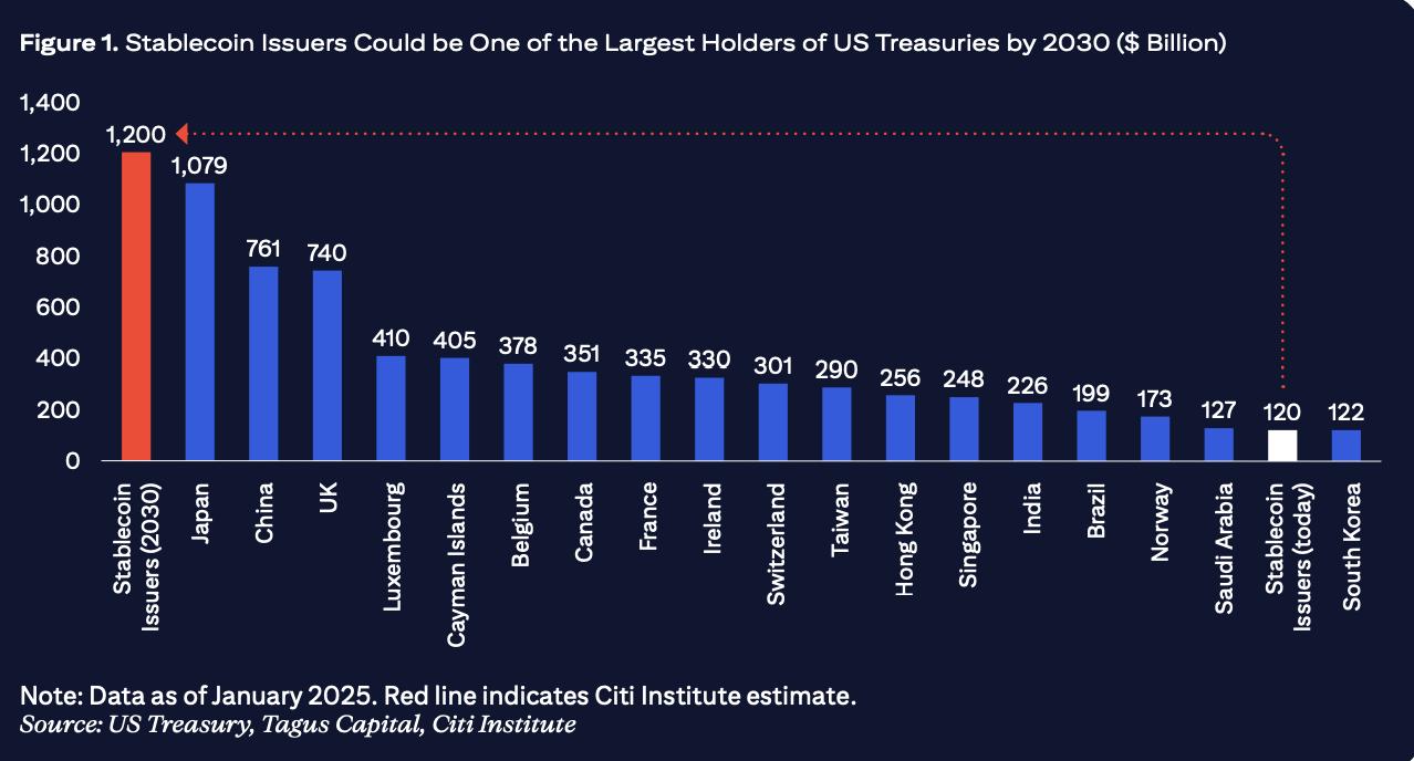 Stablecoin issuers could be one of the largest holders of US treasuries by 2030. Source: Citigroup.