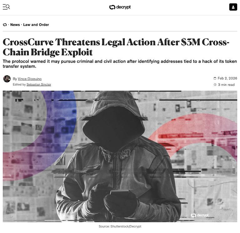 CrossCurve faces exploit reports tied to cross-chain infrastructure risk, reinforcing ongoing bridge-related security concerns.
