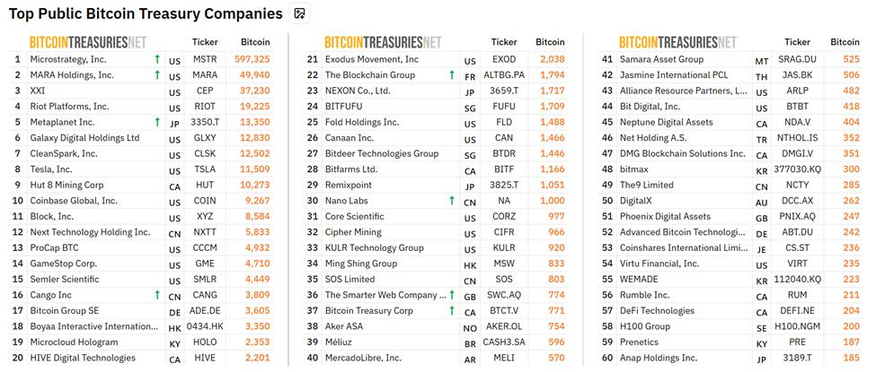 Top public Bitcoin treasury companies