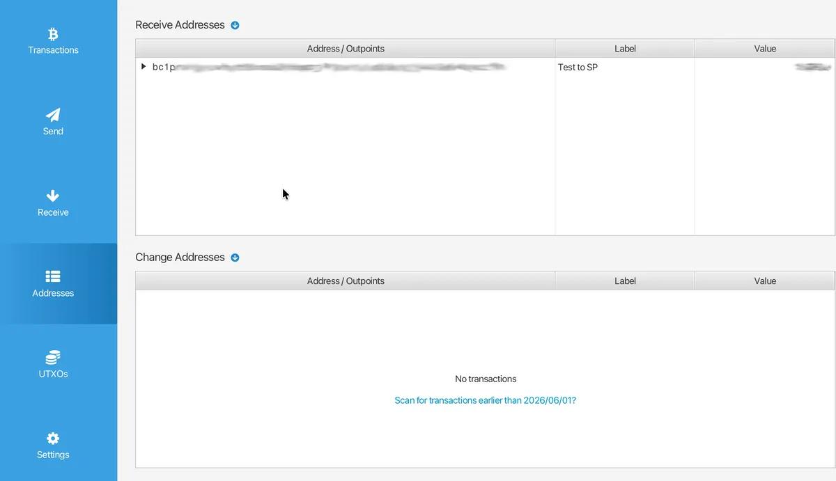The addresses tab for a Silent Payments bitcoin wallet in Sparrow.