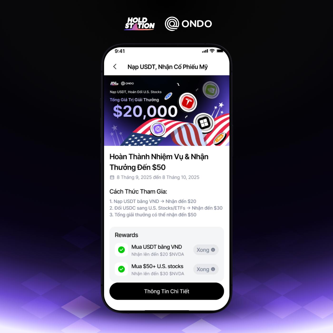 Holdstation x Ondo: Chương trình khuyến mãi giao dịch Cổ phiếu và ETFs mã hóa phần thưởng $20.000 USD