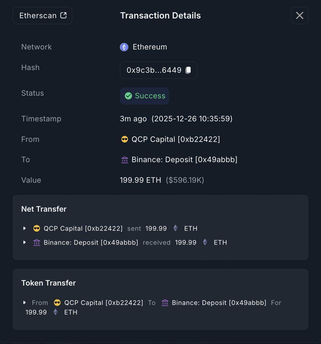 On-chain transaction showing QCP Capital depositing ETH to Binance