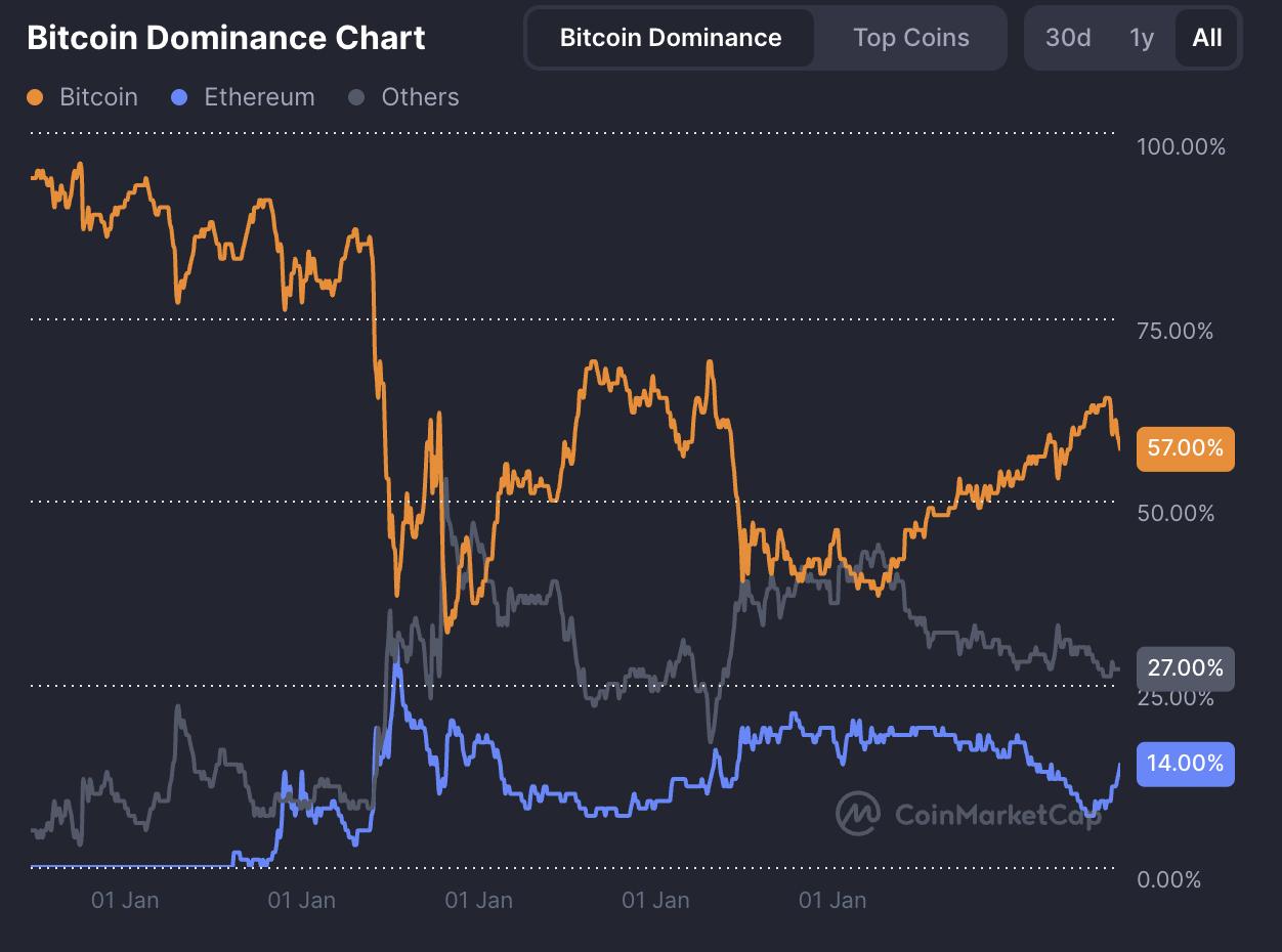 Bitcoin continues to dominate the cryptocurrency market. Source: CoinMarketCap.