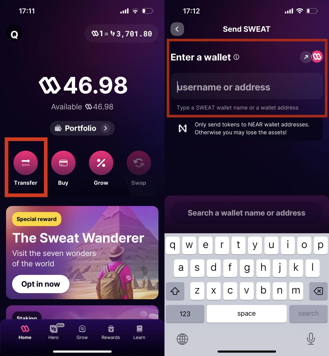 Open Sweat Wallet to prepare to enter the address to receive tokens
