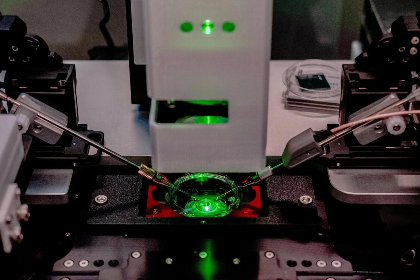 Robotic arms equipped with micromanipulation tools carry out&nbsp;a fertilization procedure at Hope IVF in Mexico City.