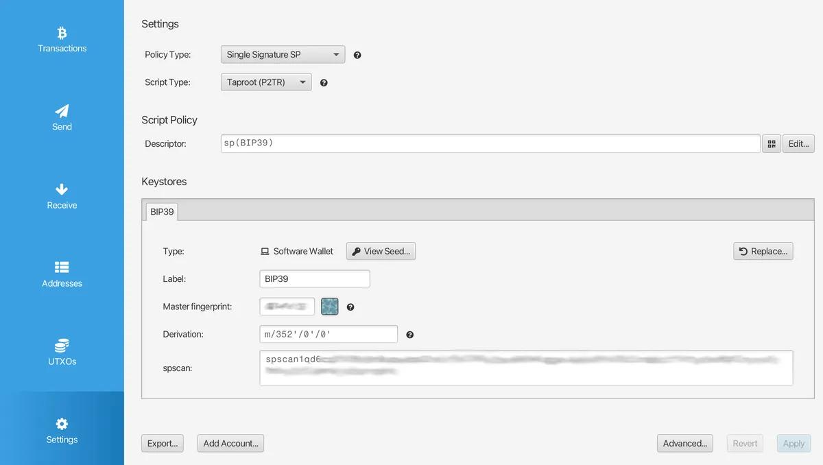 Silent Payments wallet configured in Sparrow, with derivation path m/352'/0'/0'.