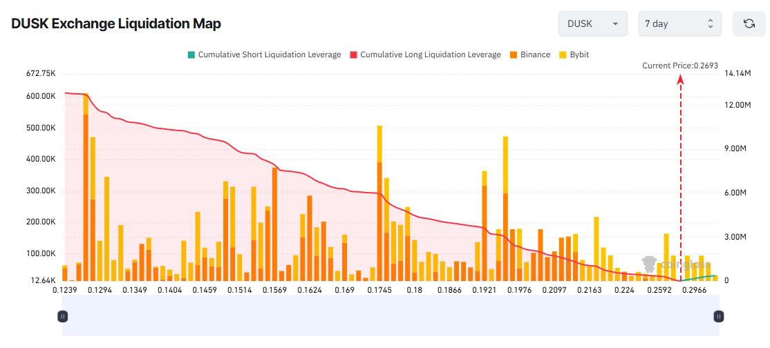 DUSK 거래소 청산 지도. 출처: Coinglass