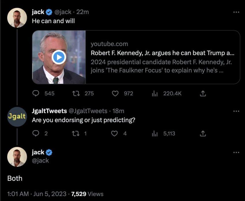 Jack Dorsey stated that he endorsed Robert Kennedy Jr. for US President. Source: Twitter/@jack